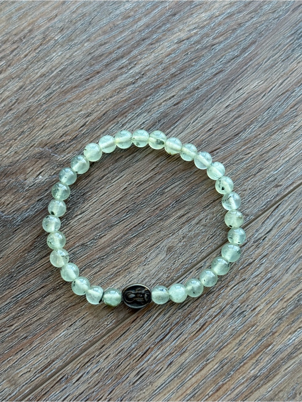 Green Prehnite Beaded Stretch Bracelet with Metal Accent of Saint Mary